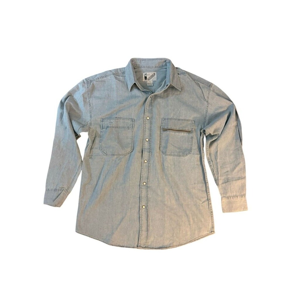Mens Denim Button Up Shirt Small Gouch Spread Collar zip packet Long Sleeve Blue